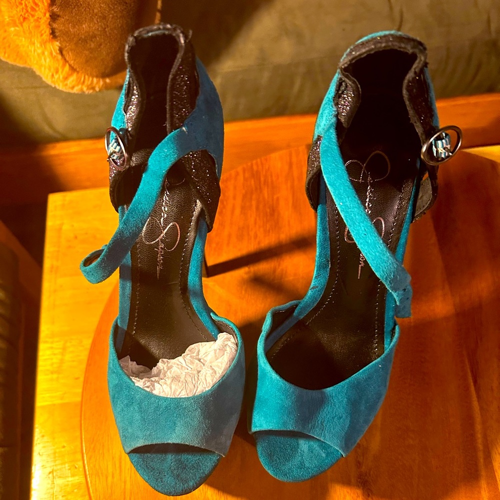 Jessica Simpson- Jesalyn Platform Stilettos in Teal/ See Green and Black Glitter